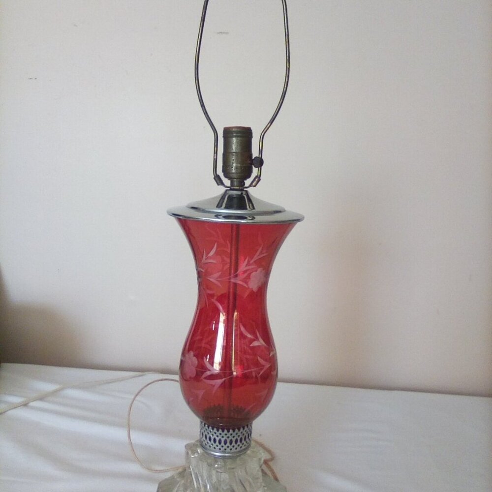 Vintage Cranberry Etched Floral Design Lamp W/Cut Glass Base